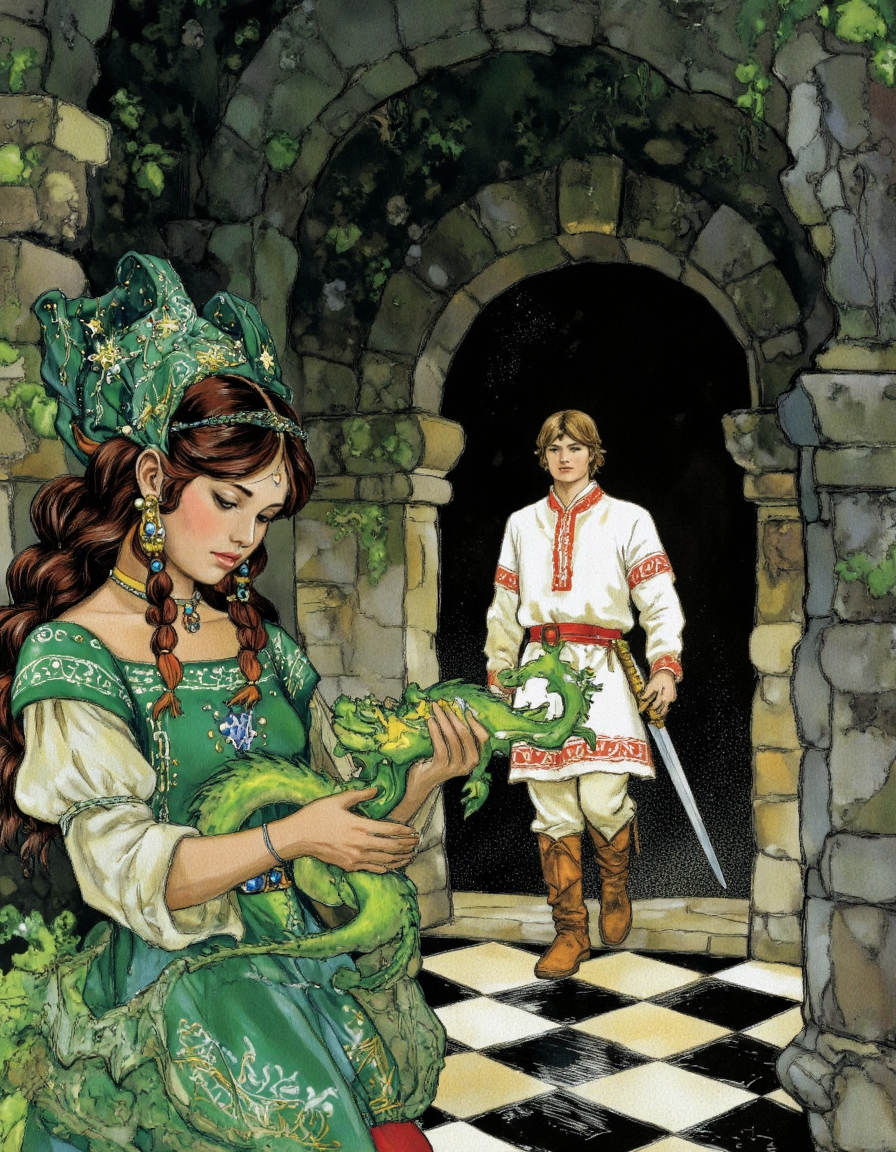 <lora:kochergin:1>,This is a vibrant digital illustration depicting a scene from a fantasy story. The foreground features a young woman with long, dark hair styled in a braid, adorned with a green headdress decorated with intricate, star-shaped designs and pearls. She wears a green dress with puffed sleeves, a high collar, and a belt adorned with a jewel. Her expression is serene, and she holds a green dragon in her hands, which is coiled around her wrist.
In the background, a young man with light skin and short brown hair, wearing a white tunic with red detailing on the sleeves and a red belt, walks towards the viewer. His attire includes brown boots and a sword at his side. He has a determined expression and is dressed in a medieval style. The background consists of a dimly lit, stone-walled corridor with archways and a checkered floor pattern of black and white squares. The walls are adorned with green vines and plants, adding a touch of nature to the otherwise medieval setting. The overall mood is one of adventure and mystery, with a blend of fantasy and historical elements.