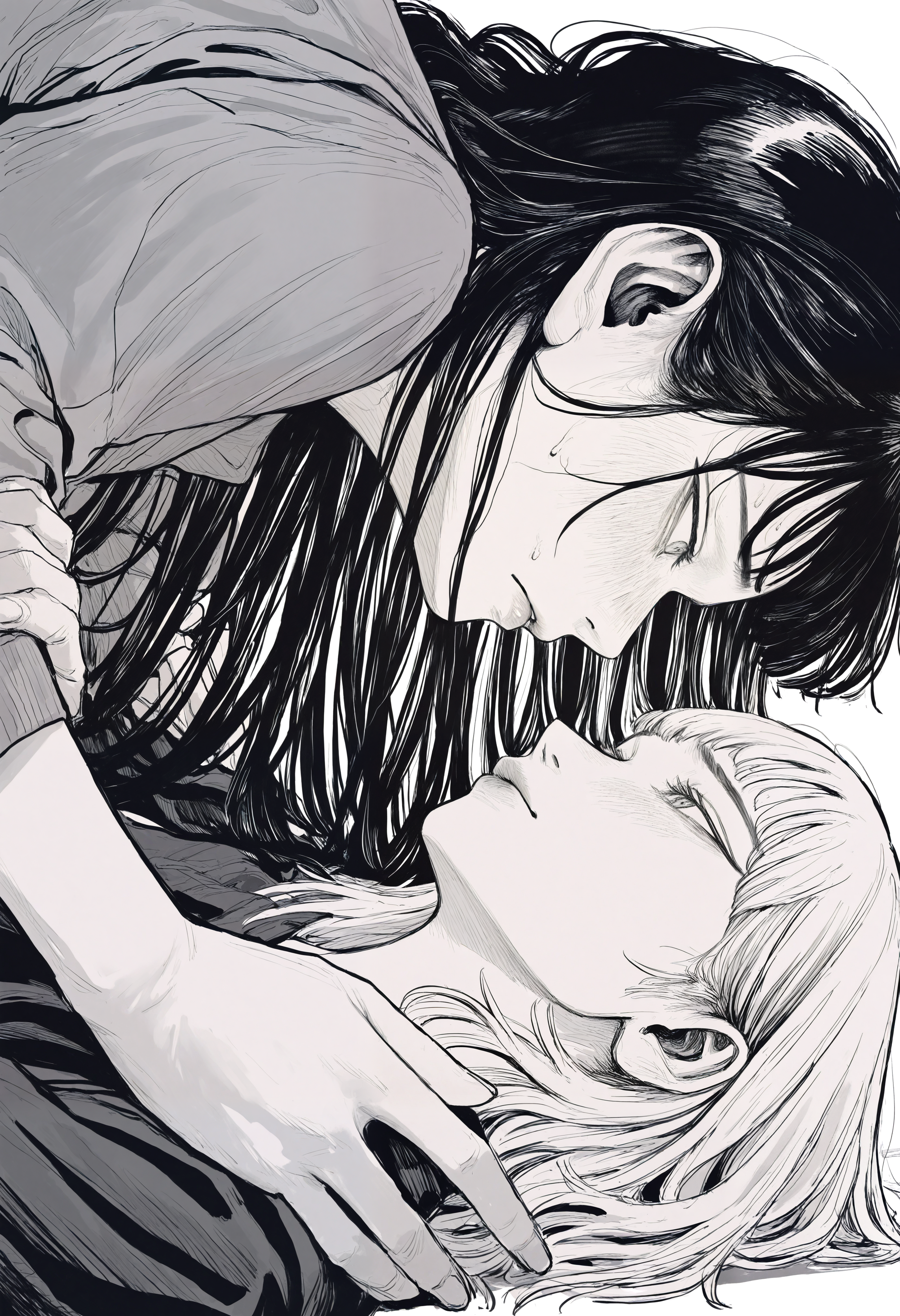masterpiece, highres, absurdres, newest, very awa,   
highly detailed, intricate, detailed clothes, perfect hands, detailed hands, monochrome, greyscale, manga, white background,  
2girls, short hair, long hair, black hair, short bangs, looking at another, forehead-to-forehead, streetwear, sweater, face focus, girl on top, side view, blush, closed mouth, parted lips, embarrassed,   <lora:ponyv4_noob1_2_adamW-000017:0.2>, <lora:spo_sdxl_10ep_4k-data_lora_webui>, <lora:TA_trained:0.75>, <lora:NOOB_EPSv1_1_detailer_by_vlnvk_v0_5>, <lora:owk_bsh_yy>