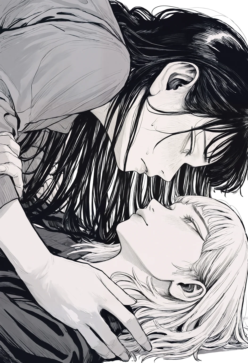 masterpiece, highres, absurdres, newest, very awa,   
highly detailed, intricate, detailed clothes, perfect hands, detailed hands, monochrome, greyscale, manga, white background,  
2girls, short hair, long hair, black hair, short bangs, looking at another, forehead-to-forehead, streetwear, sweater, face focus, girl on top, side view, blush, closed mouth, parted lips, embarrassed,   <lora:ponyv4_noob1_2_adamW-000017:0.2>, <lora:spo_sdxl_10ep_4k-data_lora_webui>, <lora:TA_trained:0.75>, <lora:NOOB_EPSv1_1_detailer_by_vlnvk_v0_5>, <lora:owk_bsh_yy>