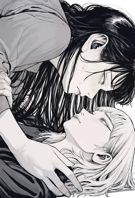 masterpiece, highres, absurdres, newest, very awa,
highly detailed, intricate, detailed clothes, perfect hands, detailed hands, monochrome, greyscale, manga, white background,
2girls, short hair, long hair, black hair, short bangs, looking at another, forehead-to-forehead, streetwear, sweater, face focus, girl on top, side view, blush, closed mouth, parted lips, embarrassed, <lora:ponyv4_noob1_2_adamW-000017:0.2>, <lora:spo_sdxl_10ep_4k-data_lora_webui>, <lora:TA_trained:0.75>, <lora:NOOB_EPSv1_1_detailer_by_vlnvk_v0_5>, <lora:owk_bsh_yy>