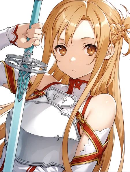 masterpiece,best quality,newest,
1girl,solo,
<lora:a_asuna_ilxl_v1:1>,a_asuna,brown eyes,a_clothes,long_sleeves,armor,a_sword,holding sword,
<lora:Fixhands_anime_bdsqlsz_V1:1>,dynamic_angle,cinematic_angle,white_background,simple_background,expressionless,:<,upper_body,looking_at_viewer,