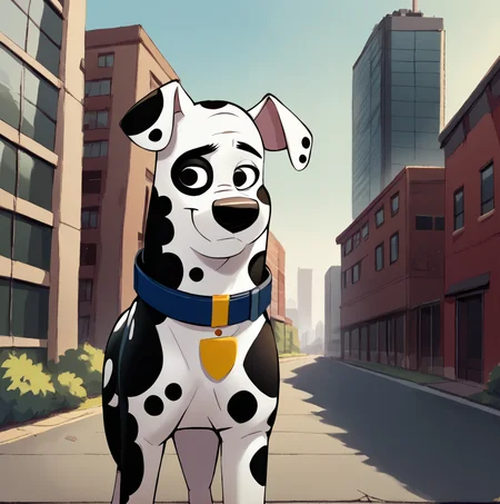 score_9, score_8_up, score_7_up, score_6_up, score_5_up, score_4_up, <lora:Dougdalmatian:0.8>, dougdalmatian, solo, looking at viewer, animal ears, standing, outdoors, no humans, building, dog, black and white fur, dalmatian, body fur, dog ears, spots, collar, trees, buildings, <lora:RealisticAnime:1>