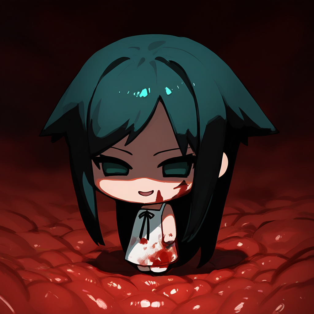 1girl, saya \(saya no uta\), from side, shaded face, evil smile, no pupils, blood on face, blood on clothes, full body, looking at viewer, flesh background, chiaroscuro, imsgi nui,
very awa, masterpiece, best quality, very aesthetic, absurdres, highres, newest