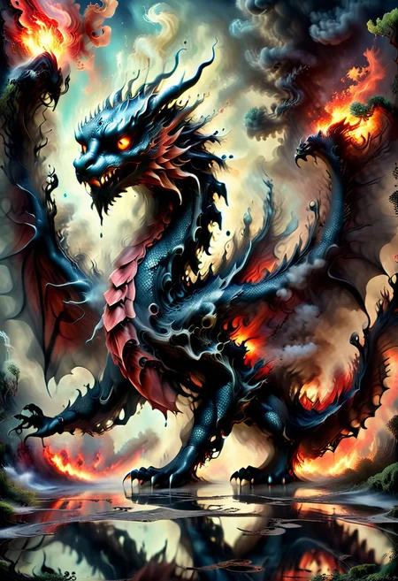 DonM5h4d0wM317XL, dragon, cute creature, dragon head remake human body,alluring gaze, fairy tail, ethereal, fantastic, playful expression, enchanting, guardian spirit, Dragon Fire, Red Scalesintersecting,ecosystem,melancholy,beyond,extragalactic,dim <lora:DonM5h4d0wM317XL:1>