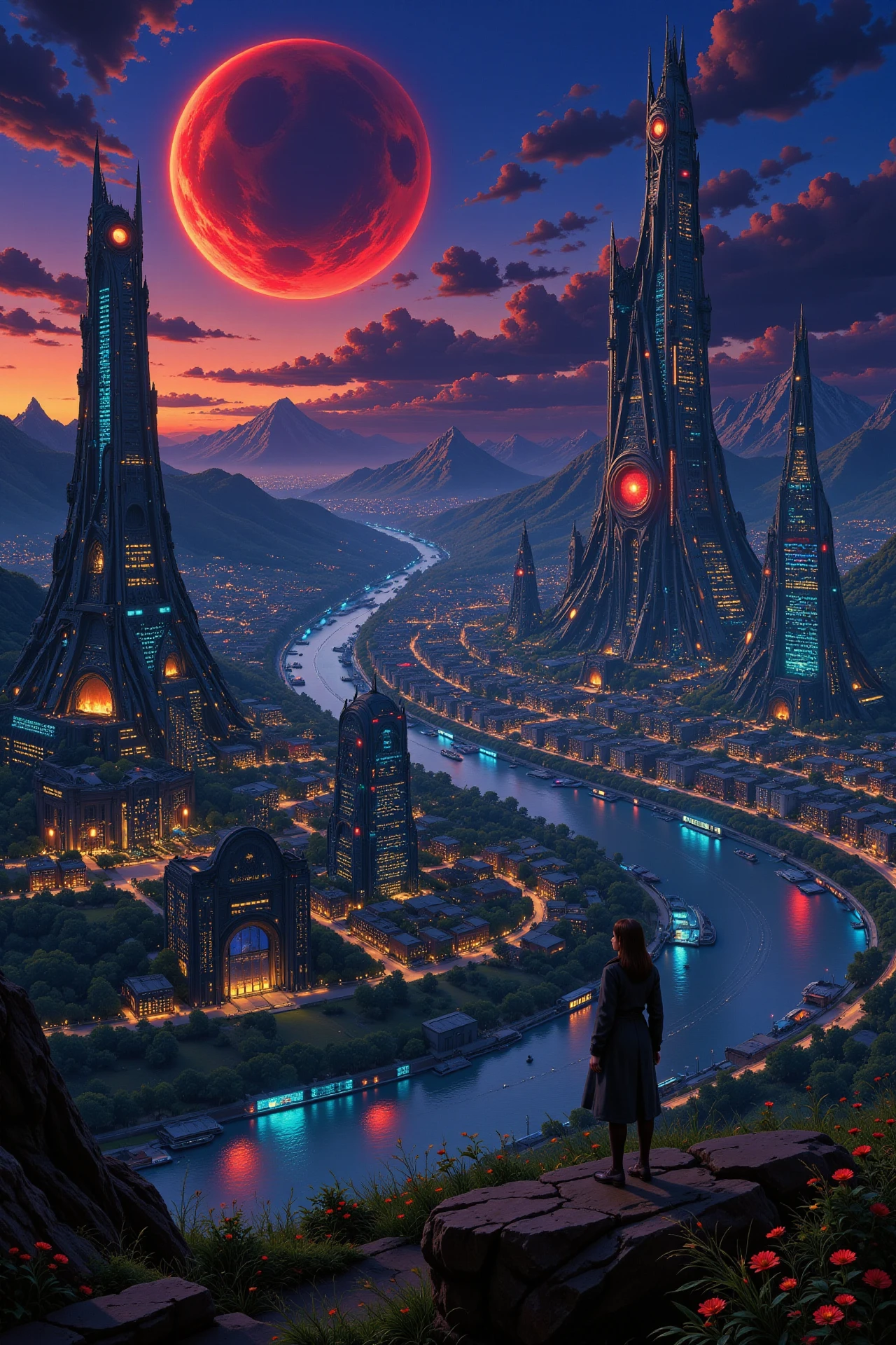 a futuristic sci-fi city of androids beautiful  landscape, dusk, woman, very intricate, very detailed, sharp, bright, colorful, <lora:Hand v2:0.5> <lora:Anti-Blur:1><lora:Insane Detail Slider:0.25>  <lora:flux.1_lora_flyway_Epic-detail_v2:0.3> <lora:fluxenhancer:0.25> <lora:Anime_style:0.6> anime style