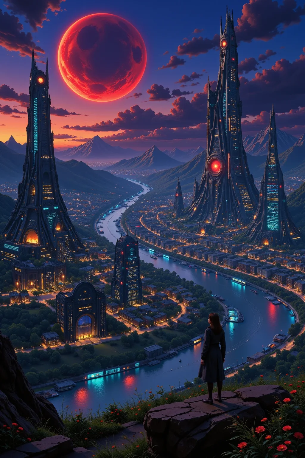 a futuristic sci-fi city of androids beautiful  landscape, dusk, woman, very intricate, very detailed, sharp, bright, colorful, <lora:Hand v2:0.5> <lora:Anti-Blur:1><lora:Insane Detail Slider:0.25>  <lora:flux.1_lora_flyway_Epic-detail_v2:0.3> <lora:fluxenhancer:0.25> <lora:Anime_style:0.6> anime style