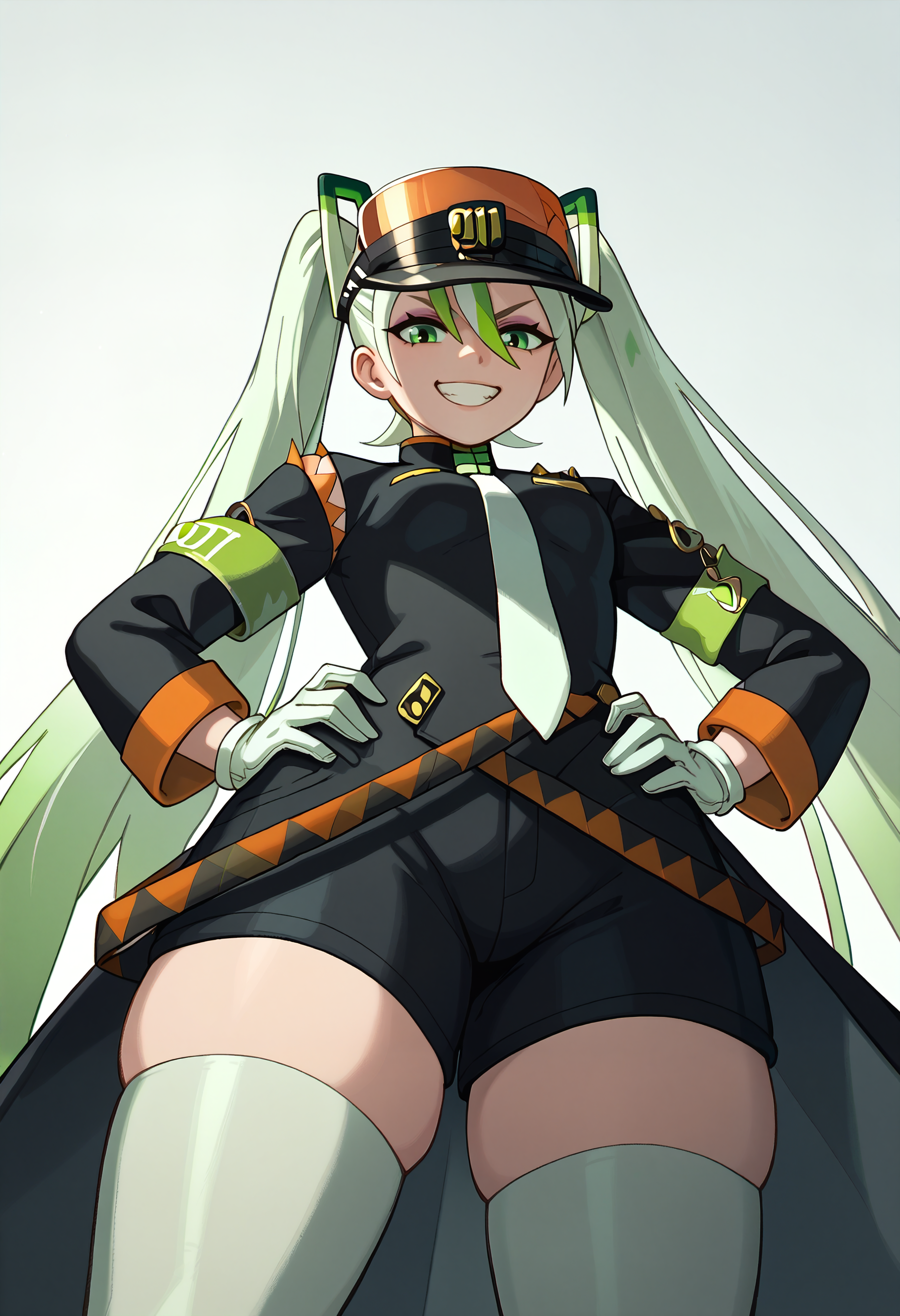 score_9, score_7_up BREAK fightingmiku, twintails, green eyes, eyeshadow,visor cap, black coat, white necktie, long sleeves, green armband, white gloves, black shorts, white thighhighs,thick thighs,hands on hips,from below,looking at viewer,green eyes,grin <lora:riz_pd_dora:1>  <lora:projectvoltage_fightingmiku_ponyXL_1:0.8>