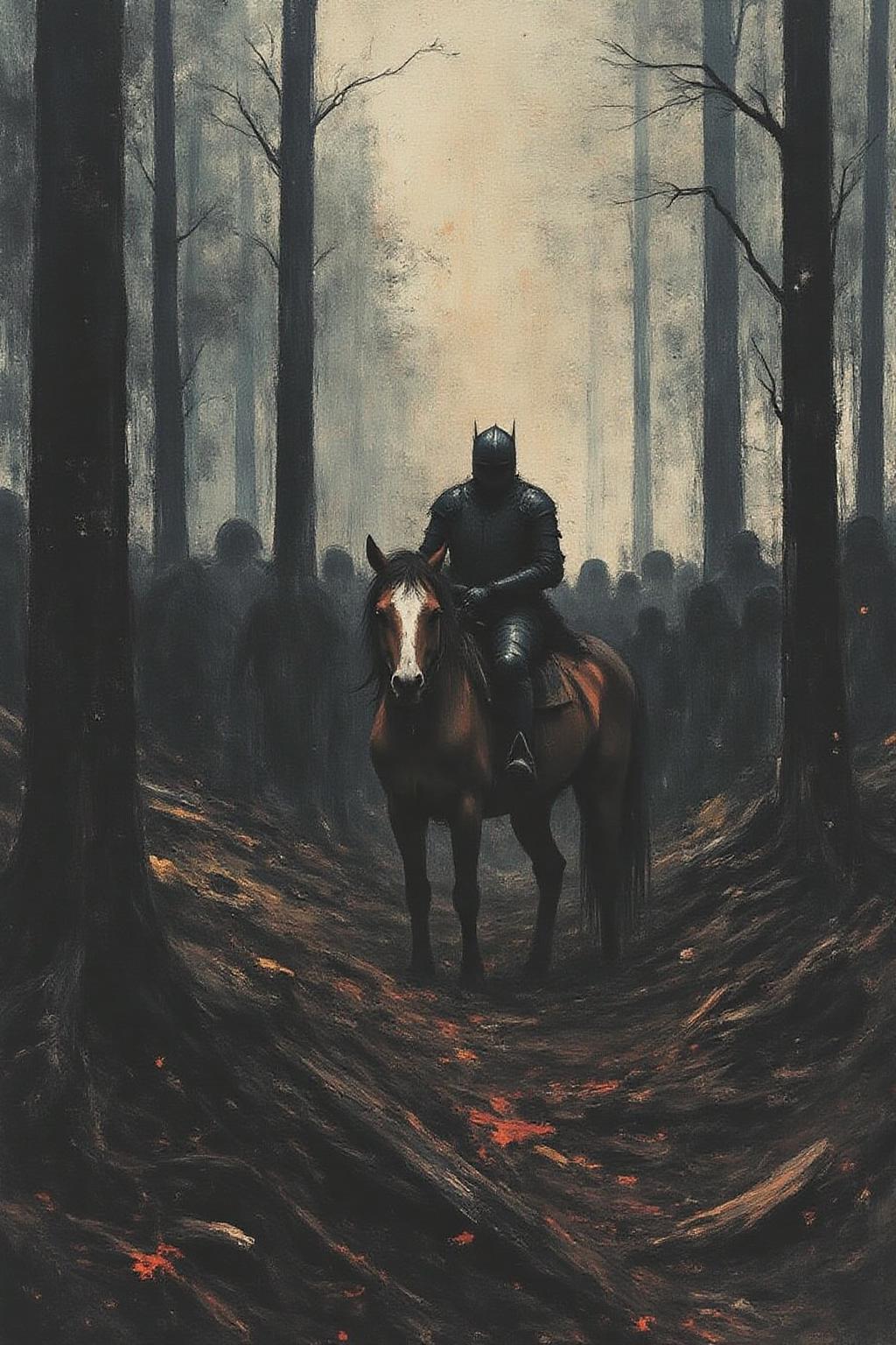 apoca1 illustration. a knight on an horse in a forest <lora:apocalypse_now4_nocap_d4a2:1.0><lora:803186080368094599:0>