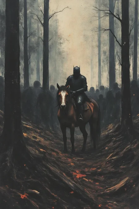 apoca1 illustration. a knight on an horse in a forest <lora:apocalypse_now4_nocap_d4a2:1.0><lora:803186080368094599:0>
