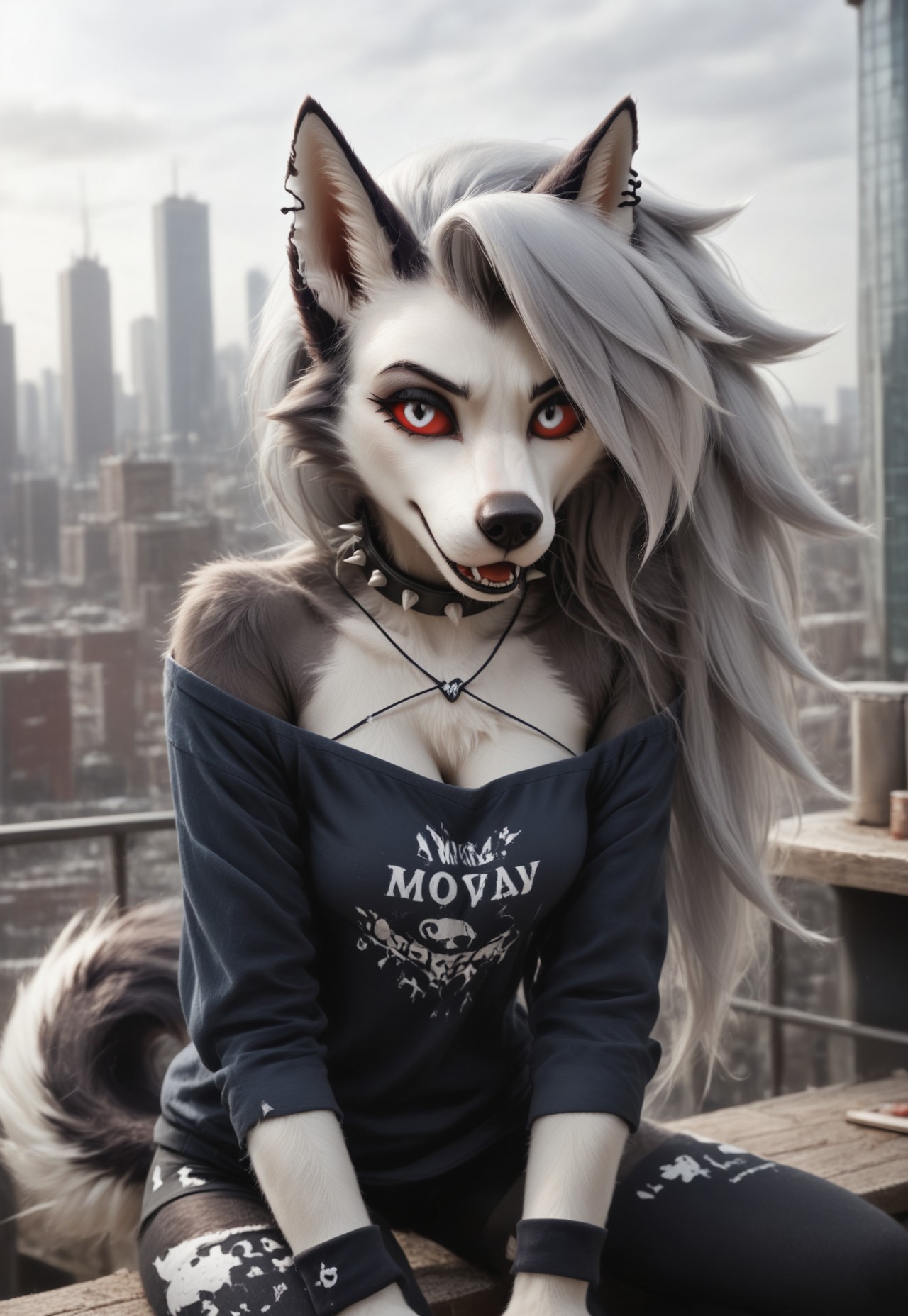 loona, helluva_boss, furry, anthro, tail, dog girl, wolf girl, dog tail, furry female, wolf tail, furry, two-tone fur, gray fur, dark gray fur, absurd res, sharp focus, <lora:more_details:1.0> detailed background, detailed skin, detailed hair, extremely detailed, ultra 8k quality, Hyperrealistic, photorealistic, realistic, ultrarealistic, high definition, detailed fur, highres, super high resolution, 8k, head forward, faceless female, 
Red sclera, silver iris, detailed iris, animal nose, eye contact, looking at viewer, bangs, front bangs

SPIKED COLLAR, PIERCED EYEBROW,
OFF SHOULDER SWEATSHIRT, LEGGINGS,

city, outside
