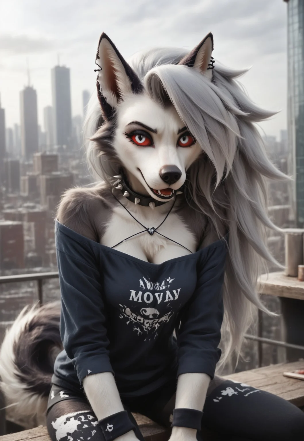 loona, helluva_boss, furry, anthro, tail, dog girl, wolf girl, dog tail, furry female, wolf tail, furry, two-tone fur, gray fur, dark gray fur, absurd res, sharp focus, <lora:more_details:1.0> detailed background, detailed skin, detailed hair, extremely detailed, ultra 8k quality, Hyperrealistic, photorealistic, realistic, ultrarealistic, high definition, detailed fur, highres, super high resolution, 8k, head forward, faceless female,
Red sclera, silver iris, detailed iris, animal nose, eye contact, looking at viewer, bangs, front bangs
SPIKED COLLAR, PIERCED EYEBROW,
OFF SHOULDER SWEATSHIRT, LEGGINGS,
city, outside