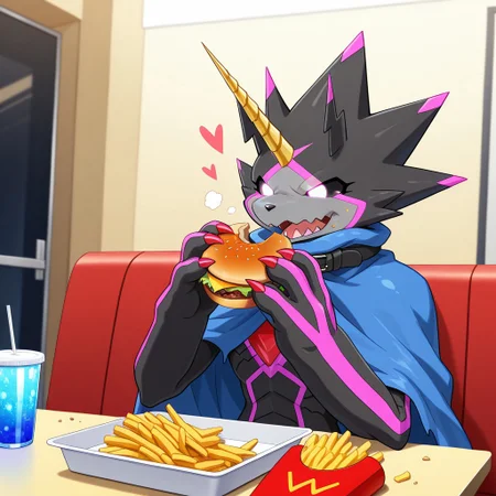 gulusgammamon, digimon (creature), no pupils, claws, glowing eyes, BREAK
solo, furry, shiny, french fries:0.7, cold drink, eating burger, chewing, crumbs on face, handful of french fries, open mouth, happy, heart, BREAK
indoors, dinning room, table, BREAK
masterpiece, best quality