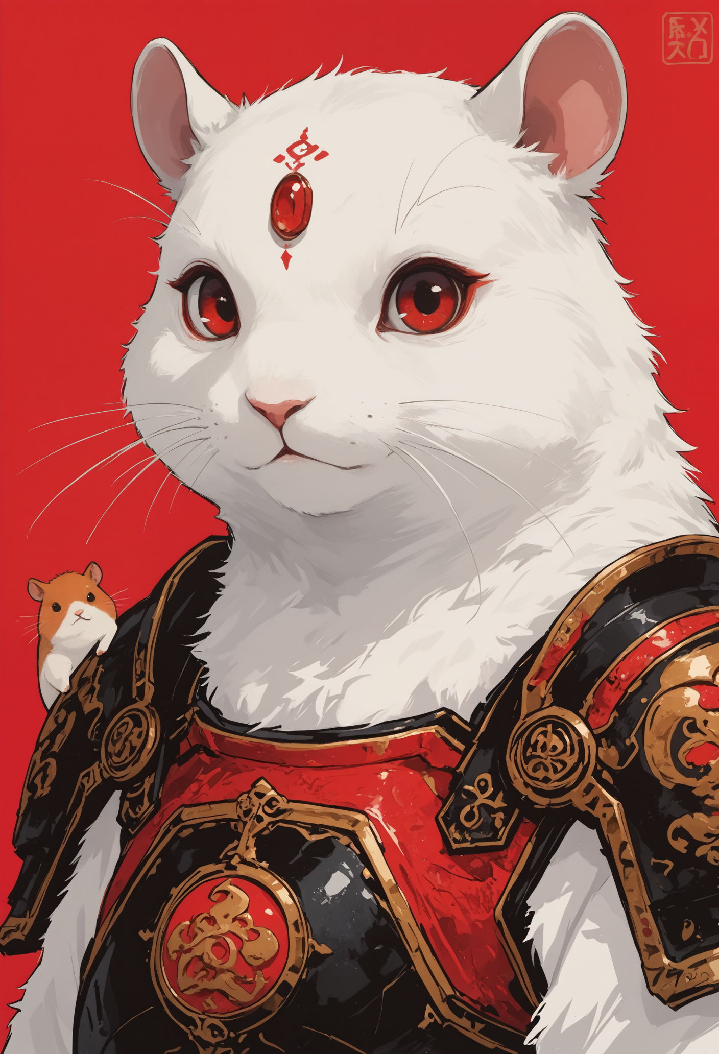 masterpiece, best quality, newest, highres, absurdres,focused subject,no lineart, no outline, solo, looking at viewer, red eyes, 1boy, closed mouth, armor, no humans, animal, shoulder armor, portrait, red background, close-up, white fur, forehead jewel, whiskers, hamster, art deco, fine art,painterly,close up, in the style of cksc,flatline,