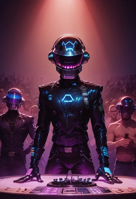 score_9, score_8_up, score_7_up, rave, helmet, skintight bodysuit, dj, Tron, mix table, concert, dark tone, bright lasers, edm, edm concert, high energy, edm mix, highly detailed, intricate, zzCitronLegacy, daft punk, daft punk helmet