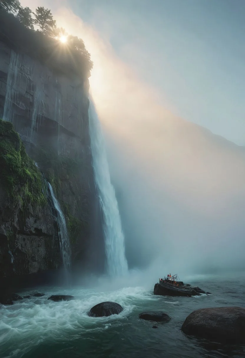 masterpiece, minimalism, (huge cliff:1.3) with (monolithic floating rocks:1.2) in twilight, (small silhouetted fisherman boat:1.1) on (realistic water:1.2), (perfect horizon:1.2), (fog:1.3) with (sun behind fog:1.2), (diffused sunlight:1.1), (fog rays:1.2), vibrant colors in sky, (2 color composition:1.0), low angle POV, serene atmosphere, high detail, cinematic lighting.long exposure of (water waves:1.3) cascading from a (huge waterfall:1.4) atop a (towering cliff:1.2), surrounded by (dense fog:1.3), ethereal atmosphere, soft light filtering through mist, (silky smooth water:1.2), intricate details of rocks, lush greenery framing the scene, tranquil mood, high detail, cinematic lighting, serene landscape, nature photography, inspired by (Ansel Adams:1.3).