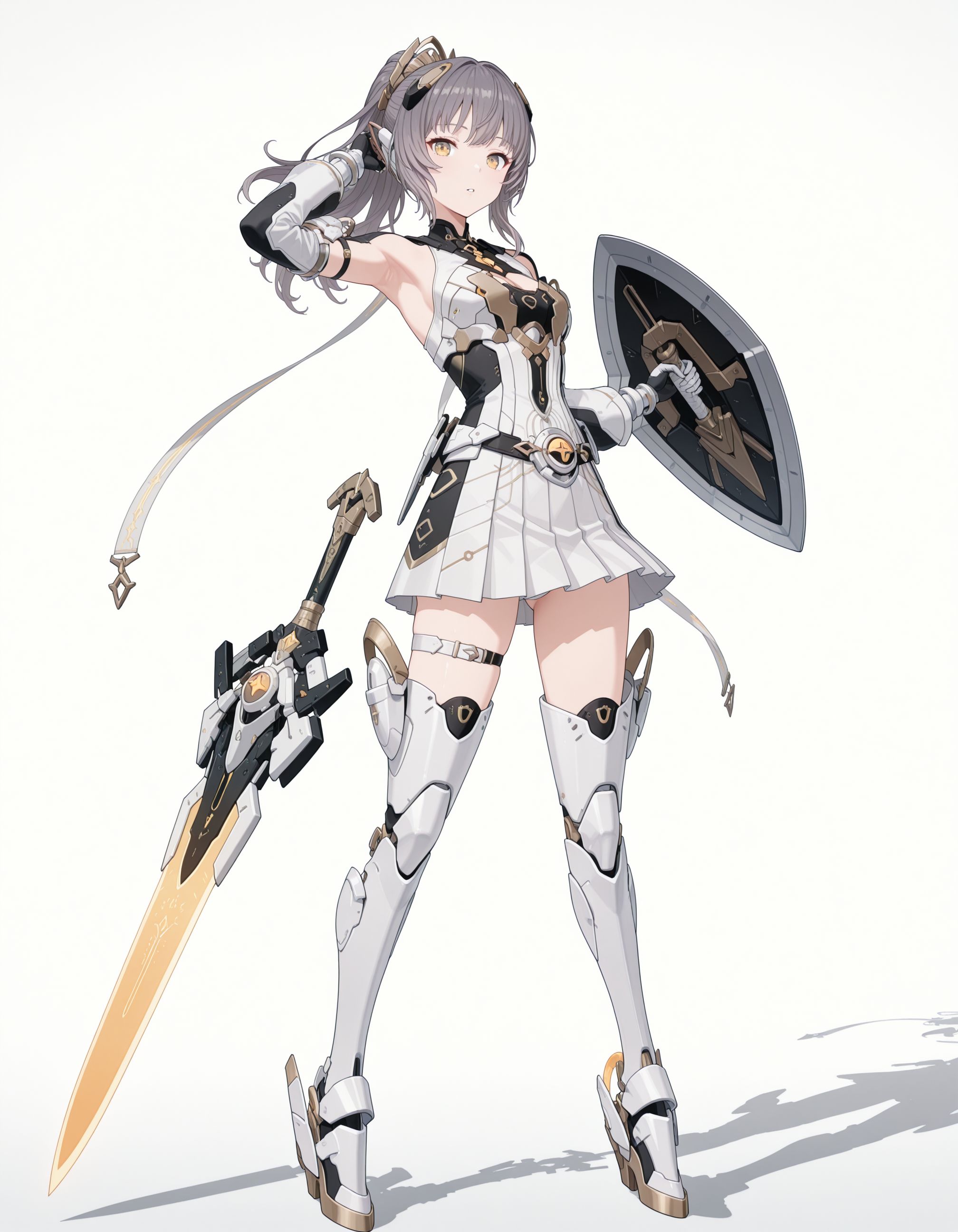 masterpiece,best quality,amazing quality,very aesthetic,high resolution,ultra detailed,perfect details,<lora:mai_pgr_nanami_mxzj:1>,<lora:my-lora:1>,mai_style,
mai_pgr_nanami_mxzj,1girl,solo,long_hair,looking_at_viewer,skirt,dress,holding,standing,full_body,yellow_eyes,grey_hair,ponytail,weapon,pleated_skirt,parted_lips,boots,sword,white_dress,holding_weapon,armor,clothing_cutout,thigh_strap,shadow,holding_sword,thigh_boots,headgear,science_fiction,shield,joints,mecha_musume,mechanical_arms,robot_joints,holding_shield,mechanical_legs,armpit_cutout,