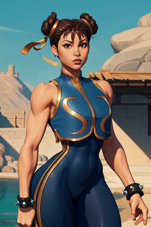 masterpiece,best quality,extreme detail,8k,<lora:chunlifn:0.8>,chunlifn2,1girl,solo,short hair,brown hair,ribbon,brown eyes,jewelry,hair ribbon,sleeveless,hair bun,bracelet,lips,double bun,chinese clothes,spikes,spiked bracelet,unitard,