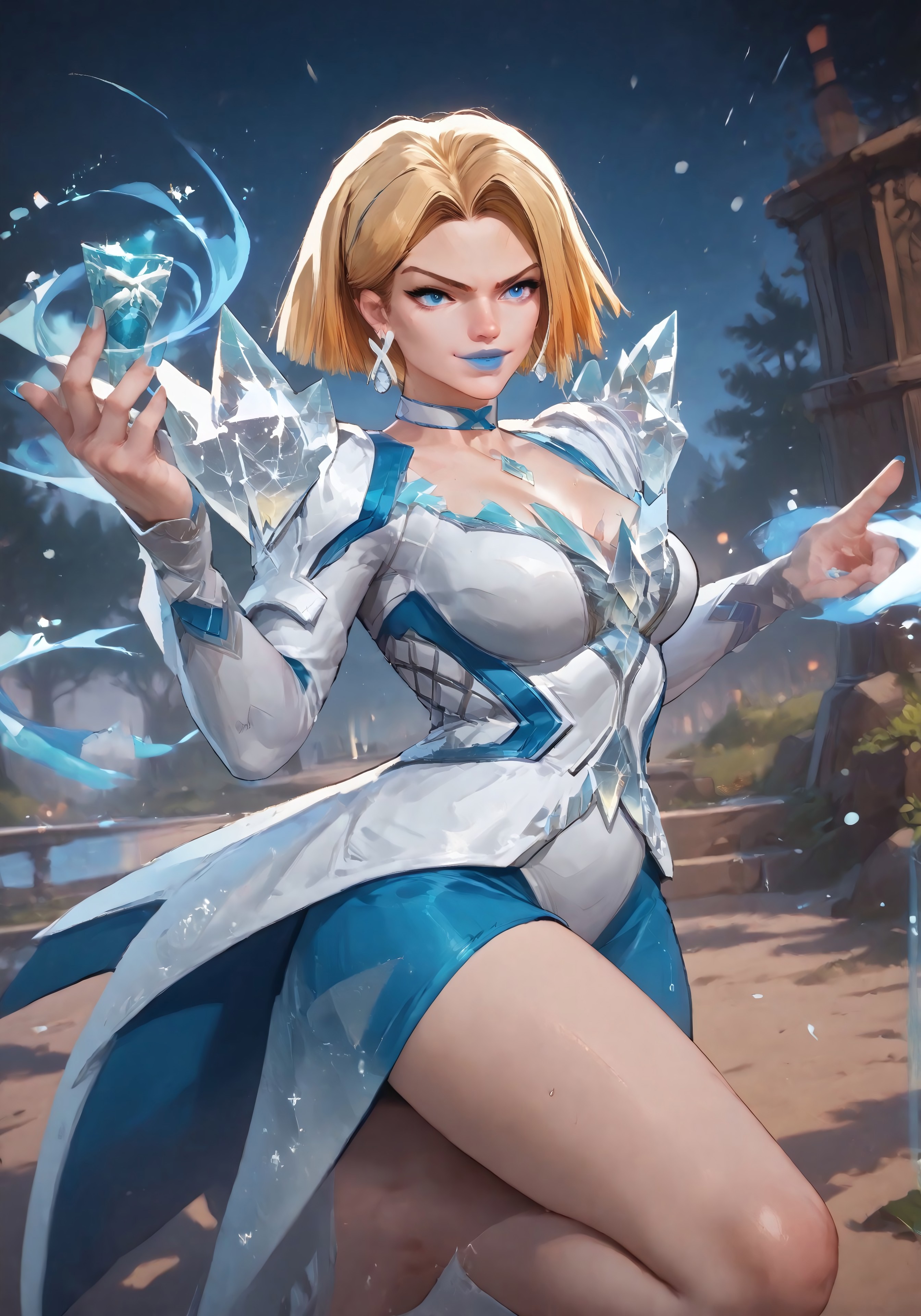 Stable_Yogis_PDXL_Positives,score_9,score_8_up,score_7_up,score_6_up, source_anime, masterpiece, best quality, newest, highres, absurdres, solo, 1girl, dynamic pose, short hair, blonde hair, parted hair, blue eyes, blue lips, earrings, white choker, white dress, blue dress, multicolored dress, cleavage, long sleeves, crystal dress, bare legs, thighs, smug, snowstorm, snowing, blue magic, raised eyebrows, emma_frost_marvelrivals, casting frost spell, soft light, anime, 2D, lineless art, fighting stance, solo, aura,