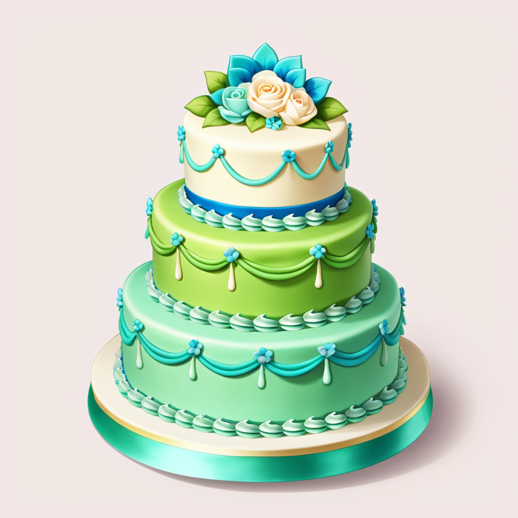 <lora:FoodIconsNew:0.7> fooico, green and blue five tier decorative cake, game icon, professional, high quality, super cute, kawaii, 8k, adorable