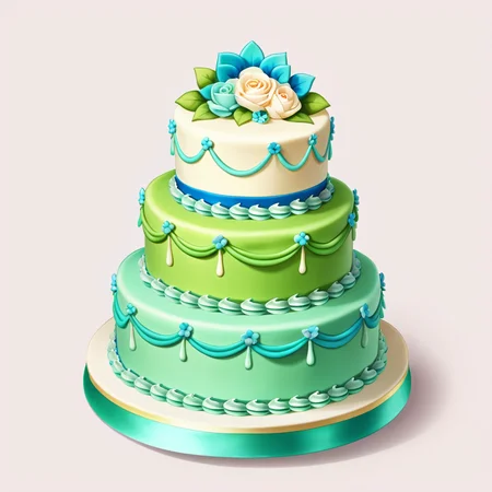 <lora:FoodIconsNew:0.7> fooico, green and blue five tier decorative cake, game icon, professional, high quality, super cute, kawaii, 8k, adorable