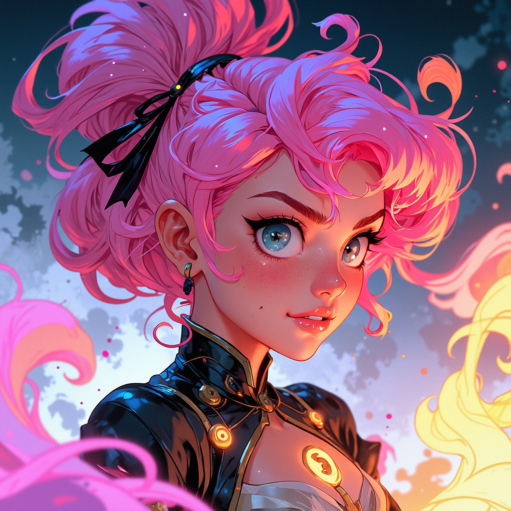 animeniji, anime, niji, 2D flat anime, (off-center composition, dynamic left aligned composition), A close-up of a magical girl with sparkling pink hair, her eyes shining with determination. She wears an elegant outfit adorned with ribbons and magical symbols, and her expression is fierce yet kind. The background is filled with soft, swirling colors, suggesting the presence of magic.