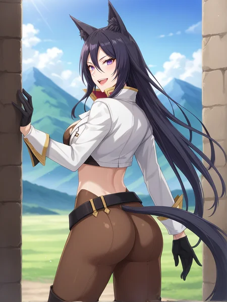 score_9, score_8_up, score_7_up, source_anime
olivia vel vine, animal ears, animal ear fluff, black hair, long hair, purple eyes, 1girl, solo,happy, cleavage, cleavage, brown pants, white jacket, midriff, belt, standing, boots, black gloves, , from behind, bubble butt, tail
in the mountains, muddy way
<lora:Expressive_H:0.2> <lora:housechores-guy-PONYv1:0.2> <lora:StS_PonyXL_Detail_Slider_v1.4_iteration_3:0.2> <lora:olivia vel vine v0.1:0.75>