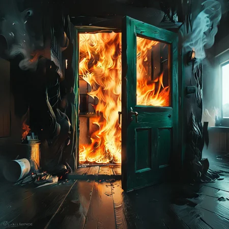 <lora:flame silhouette:1>, <lora:flame:1>, flame,
burning office green door, office,
graphic style of novel comics, perfect hands, 2d,
8k, hyperrealism, masterpiece, high resolution, best quality, ultra-detailed, super realistic, Hyperrealistic art, high-quality, ultra high res, highest detailed, lot of details, Extremely high-resolution details, incredibly lifelike, colourful, soft cinematic light,