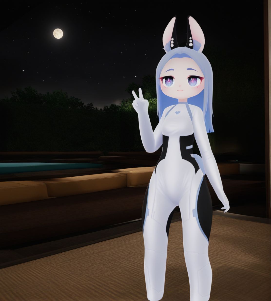 <lora:space_bun-000005:1>,1girl, space bun,blue hair,long hiar,rabbit tail, blue eyes,forehead,short bangs,rabbit ears,flat chest,chibi face,
bodysuit,two-tone bodysuit,white bodysuit, black bodysuit,
night, stars, moon, nighttime,
very awa, masterpiece, best quality, highres, absurdes,amazing quality,very aesthetic,intricate details,scenery,<lora:hand 5.5:1>