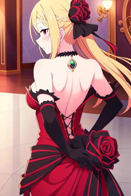 nsfw, Priscilla_Barielle, person, solo, from_behnd, back, ass, taut_dress, blonde_hair,  red_eyes,  red and black dress, green neklace, black and red hair_ornament, large_breasts, cleavage, bridal_gauntlets,  facing_away, looking_away, <lora:Priscilla_Barielle:0.6>