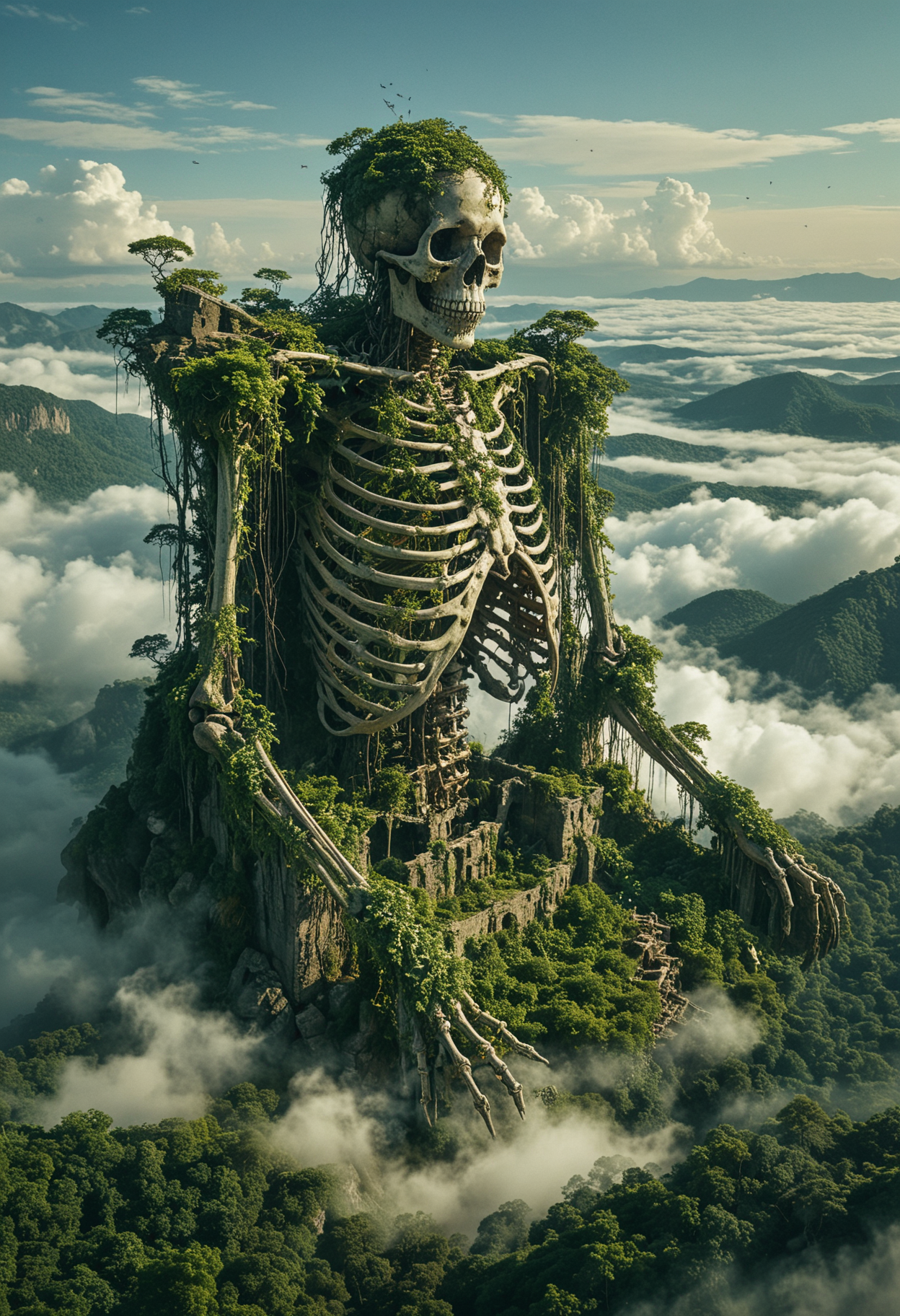 vast and lush landscape, a colossal skeletal structure stands towering above the clouds, ancient giant skeleton overgrown with dense vegetation, its ribcage and spine and skull are intricately entwined with vines and trees, embedded within its bones are remnants of ancient buildings, their architecture is long-lost civilization, Below the expansive forest stretches out contrasting the mist, nature and history, The bright blue sky, surreal beauty, monumental scene, <lora:MJ52:0.4>, <lora:add-detail-xl:1>