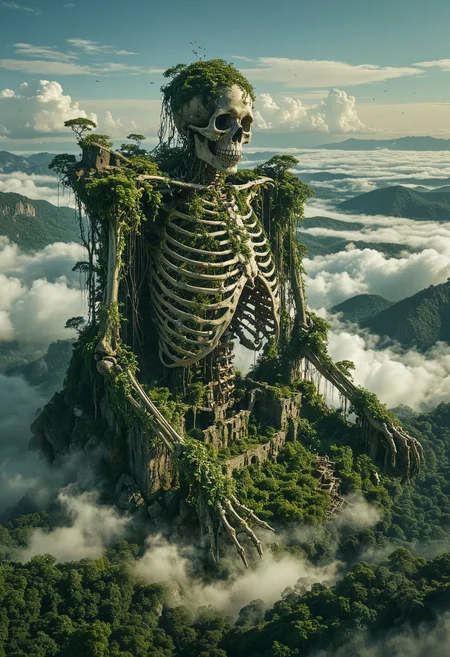 vast and lush landscape, a colossal skeletal structure stands towering above the clouds, ancient giant skeleton overgrown with dense vegetation, its ribcage and spine and skull are intricately entwined with vines and trees, embedded within its bones are remnants of ancient buildings, their architecture is long-lost civilization, Below the expansive forest stretches out contrasting the mist, nature and history, The bright blue sky, surreal beauty, monumental scene, <lora:MJ52:0.4>, <lora:add-detail-xl:1>
