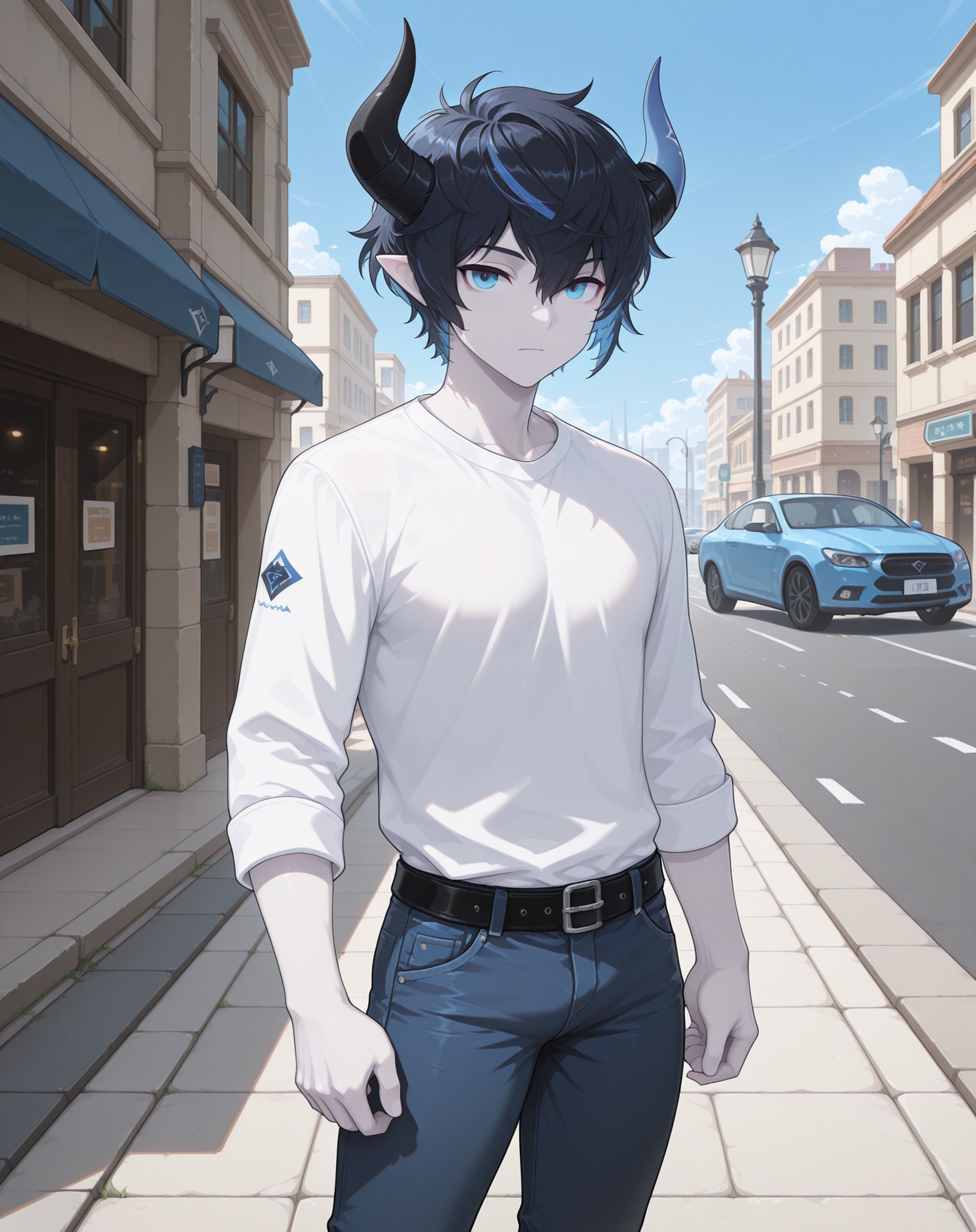 masterpiece,best quality,amazing quality, newest, very aesthetic, absurdres,
1boy, solo, yaoi, male focus, looking at viewer, cowboy shot, standing,
<lora:Vega_ilxl:1> vega, pointy ears, black hair, blue eyes, horns, multicolored hair,pale skin,streaked hair, blue hair, 
white shirt, jeans, sneakers,
outdoors, day, blue sky, building, street, road, lamppost, car,