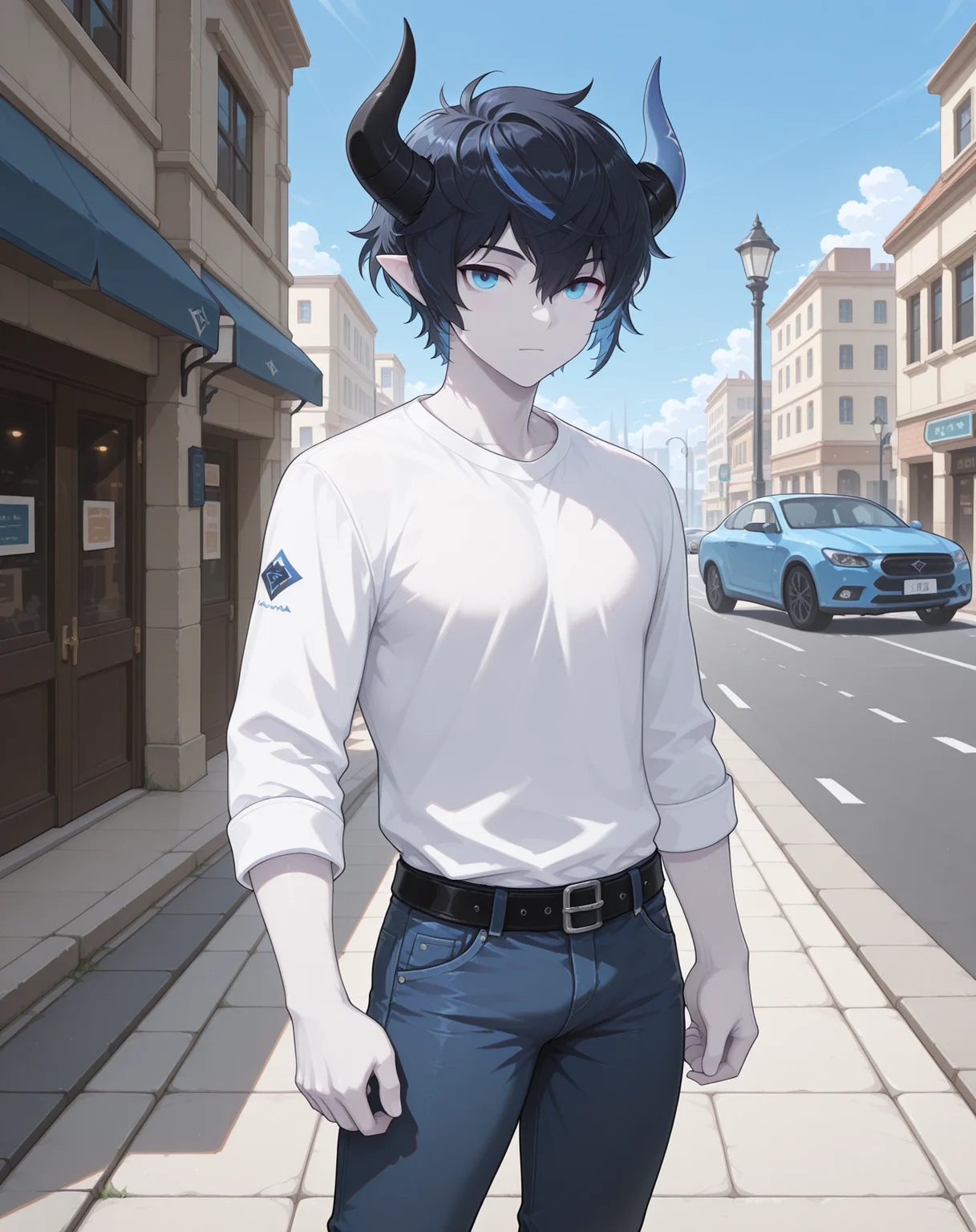 masterpiece,best quality,amazing quality, newest, very aesthetic, absurdres,
1boy, solo, yaoi, male focus, looking at viewer, cowboy shot, standing,
<lora:Vega_ilxl:1> vega, pointy ears, black hair, blue eyes, horns, multicolored hair,pale skin,streaked hair, blue hair,
white shirt, jeans, sneakers,
outdoors, day, blue sky, building, street, road, lamppost, car,