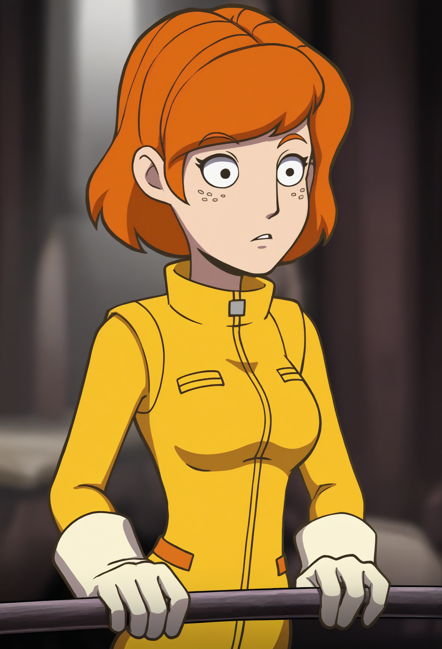 1girl, solo, april o'neil, yellow jumpsuit, blurry background, dark background, blurry background, sewer, freckles, orange hair, white elbow gloves, long sleeves, 
<lora:deponia-guy90-Pony-LoraV101:1>, ainped