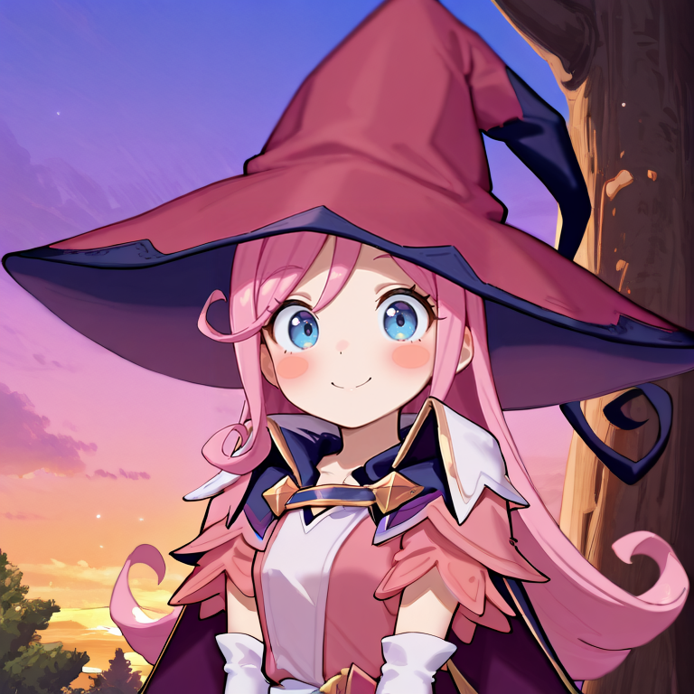 masterpiece, very aesthetic, absurdres, best quality, amazing quality, high resolution, <lora:illustrious_quality_modifiers_masterpieces_v1:0.8> , <lora:ChamIllustriousBackgroundEnhancer:0.5>,  solo, <lora:PamelaIL:0.9> , pamdef, 1girl, pink hair, long hair, blue eyes, witch hat, (witch outfit), white skirt,  white elbow gloves, cape, blush stickers, smile, looking at viewer, evening, trees, ((portrait)), straight-on