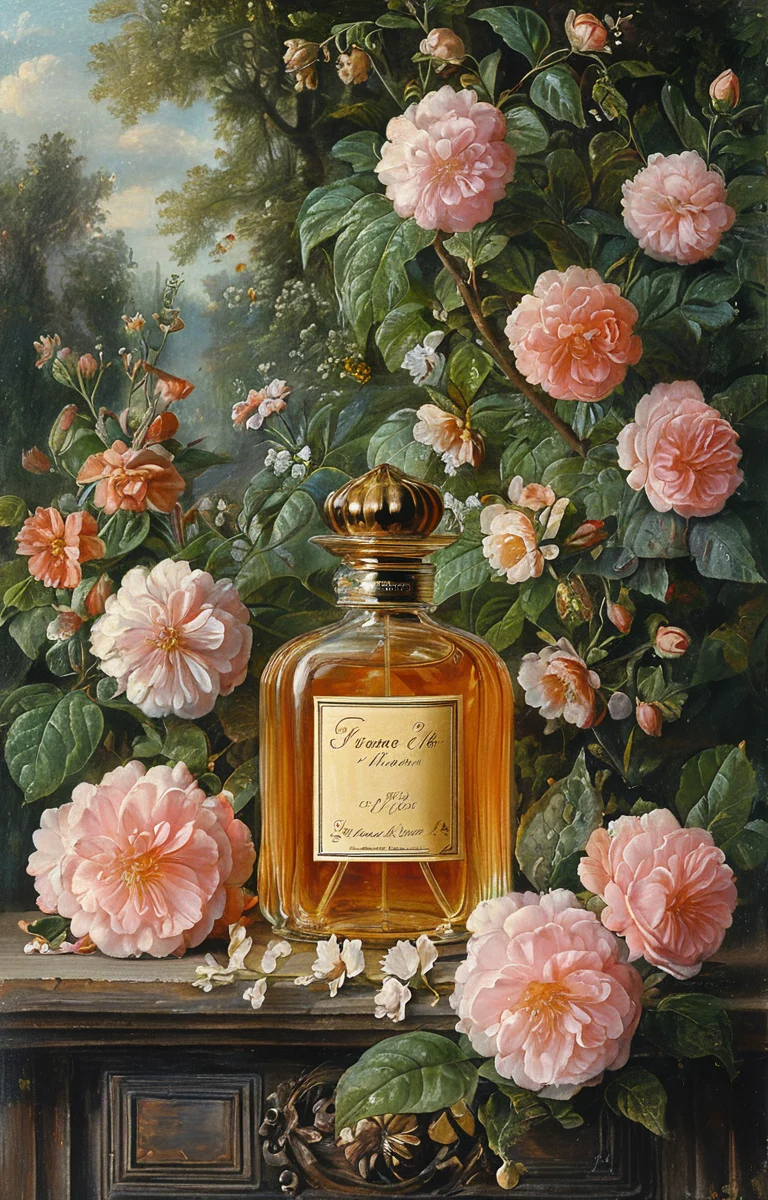 masterpiece,best quality,<lora:tbh206-sdxl:0.9>,illustration,style of Francesco Albani A bottle of perfume in garden