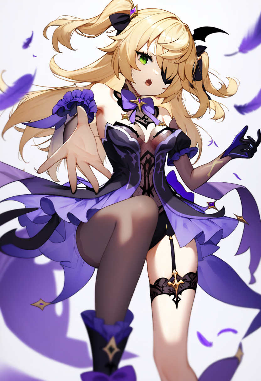 score_9, score_8_up, score_7_up, score_6_up, <lora:DPOXL:1> <lora:scottieXL_JS2_lokr_V1225:1> 1girl, fischl \(genshin impact\), solo, eyepatch, blonde hair, thighhighs, green eyes, single glove, breasts, long hair, two side up, gloves, open mouth, garter straps, bow, looking at viewer, black nails, high heels, purple bow, single leg pantyhose, boots, bowtie, dress, black gloves, medium breasts, black thighhighs, bare shoulders, single thighhigh, nail polish, feathers, purple bowtie, bangs, small breasts, outstretched arm, hair ribbon, white background, elbow gloves