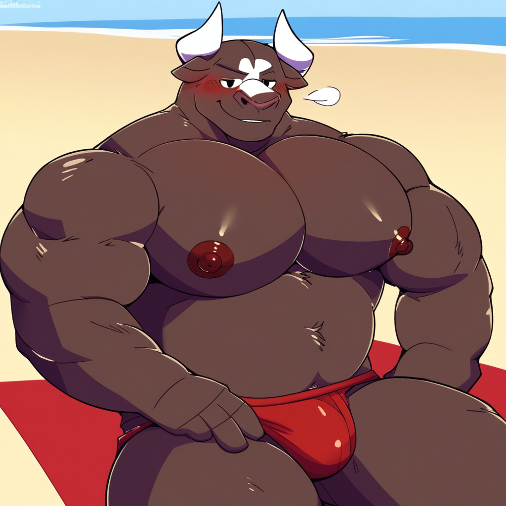 Muscular male, 1boy, solo, beach background, furry, bull, brown body, red speedo, large pectorals, large nipples, sitting down, white bull horns, smirking, sitting on beach towel, blushing