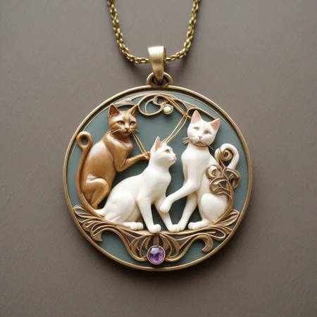 cats playing with yarn art nouveau necklace, intricate and det<lora:Art_Nouveau_Necklaces_XL:1.3>