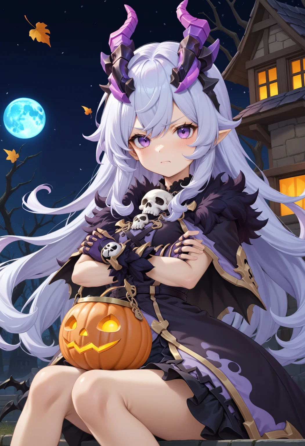 masterpiece, best quality, very aesthetic, absurdres, rom_hela_xl,
1girl, purple hair, horns, purple eyes, grumpy, skull, fingerless gloves,
sitting, crossed arms, haunted house, withered trees, bats, halloween bucket, pumpkin,
outdoors, moon, (wind, falling leaves, light particles:1.4), light rays, tyndall effect, vivid colors, tranquil and magical atmosphere,
shiny skin, beautiful face, beautiful eyes, extreme detailed, official art, professional illustration, hires,
<lora:rom_hela_xl:1>, <lora:aesthetic_anime_v1s:0.5>, <lora:add_details_xl:0.5>