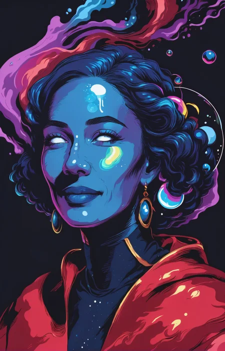 mgcilu, extreme face close-up poster of a stunning Nevisian woman smiling , portrait, looking at viewer, ((space_style:0.6), cosmic outer space theme:1.1), bubble-mage, joyful, dynamic pose, colorful mage robes, surrounded by magical red bubbles, rainbow, large bubbles, floating particles, foam, transclucent, swirling bubbles, mesmerizing, ethereal aura, bubbles in background, twinkle, ethereal atmosphere, <lora:tag is mgcilu:0.85>