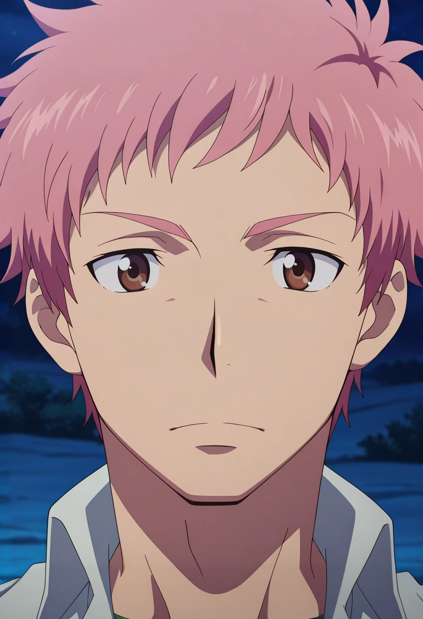 masterpiece, best quality, , anime screencap, anime coloring, official style, , 1boy, solo, male focus, <lora:renzou_shima_ilxl:0.92>, renzou_shima, pink hair, brown eyes, short hair, ,