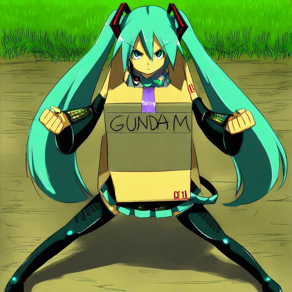 masterpiece, best quality, absurdres, 1girl, female focus, solo, Hatsune Miku, aqua hair, twintails, aqua eyes, detached sleeves, tattoo, pleated skirt, thigh boots, ha_ko_ga, cardboard box, English text, duct tape, clenched hands, standing, outdoors, plain, grass, serious, straight-on,