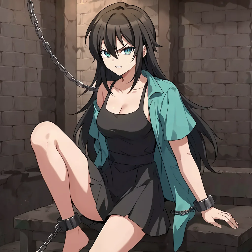 1girl, solo, rurin, long hair, black hair, dress, green jacket, open shirt, aqua eyes, slit pupils, hair between eyes, collarbone, short sleeves, bangs, black dress, black tank top, looking at viewer, medium breasts, cleavage, bare shoulders, chained wrists, prison cell, chain, shackles, sitting, bound, cuffs, barefoot, brick wall, glaring, clenched teeth, one leg up, bench, 
score_9, score_8_up, score_7_up, masterpiece,
 <lora:Rurin_r1:0.8>
