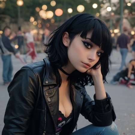 score_9, score_8_up, score_7_up, cinematic,Depth of field, bokeh, best quality medium black hair, subtle cleavage, candid picture, skatepark, leather jacket, black jeans, film grain <lora:detailed_notrigger:1> , eyeliner, emo, <lora:SceneEmo_Hair-000003:1> shadowemo