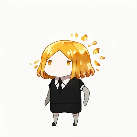score_9, score_7_up, <break> chibi, simple background, white background, full body, solo, 1other, hskylw, expressionless, standing, medium hair, crystal hair, dot eyes, white skin, black shirt, puffy short sleeves, collared shirt, black necktie, elbow gloves, grey gloves, black shorts, grey thighhighs, black footwear