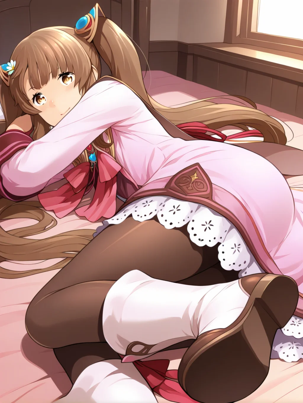 perfect quality,best quality,absolutely eye-catching,ambient occlusion,raytracing BREAK
1girl,<lora:rimuru rinnka IL v1.1:1>,rinnka,brown hair,twintails,hair ornament,pink dress,long sleeves,ribbon,lace trim,pantyhose,boots,front view,, from below, looking at viewer,cowboy_shot,prone_bone,chin_stroking,armpits,legs_together,