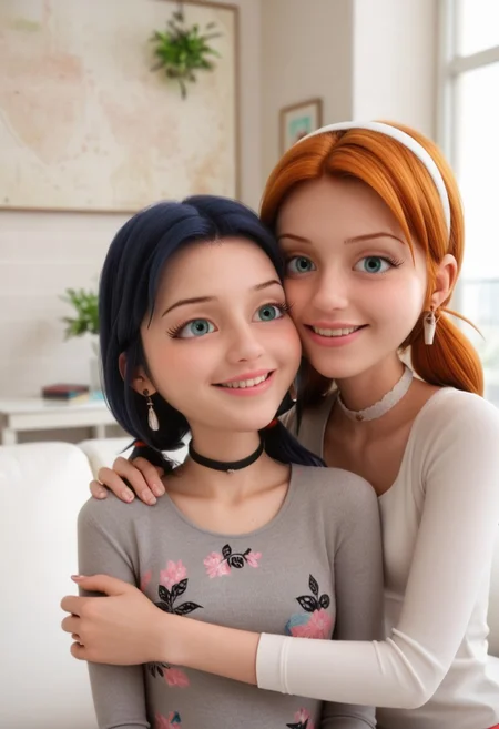 score_9, score_8_up, score_7_up, score_6_up,
2girls, sitting together, on a couch, (leaning against each other, head on shoulder, cheek to cheek:1.4),
1girl, Sabrina Raincomprix, long hair, orange hair, green eyes, fair skin, earrings, white blouse, choker,
1girl, Marinette Dupain-Cheng, long hair, bright bluebell eyes, black hair, twin tails, earrings, red blouse, choker,
perfect eyes, real skin, amateur, photo, solo, perfect face, perfect eyes, sexy, beautiful eyes, petite body,
masterpiece, best quality, amazing quality,
heavy blush, thick dark eyelashes, tiny body,
(skinny girl), on a couch, family home, living room, wall pictures, plants,
blurry background, lot of people in background, shy expression, depth of field, volumetric lighting, biting lips, vibrant colors, intricate details,
smiling, teeth, arms crossed, close up on face, real skin,