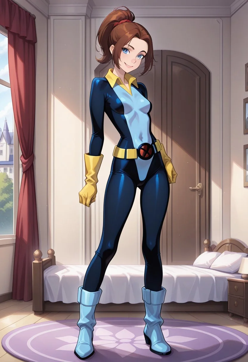 masterpiece,best quality,amazing quality,very aesthetic,absurdres,newest, huge filesize,
<lora:spo_sdxl_10ep_4k-data_lora_webui:0.5>,
<lora:add-detail-xl:1>, spykeee,
 1girl, bedroom, mansion, (KittyPryde, ponytail, parted bangs, brown hair, blue eyes, hero bodysuit, yellow collar, yellow gloves, blue boots, belt, slim face), skinny, slim figure, petite, smile