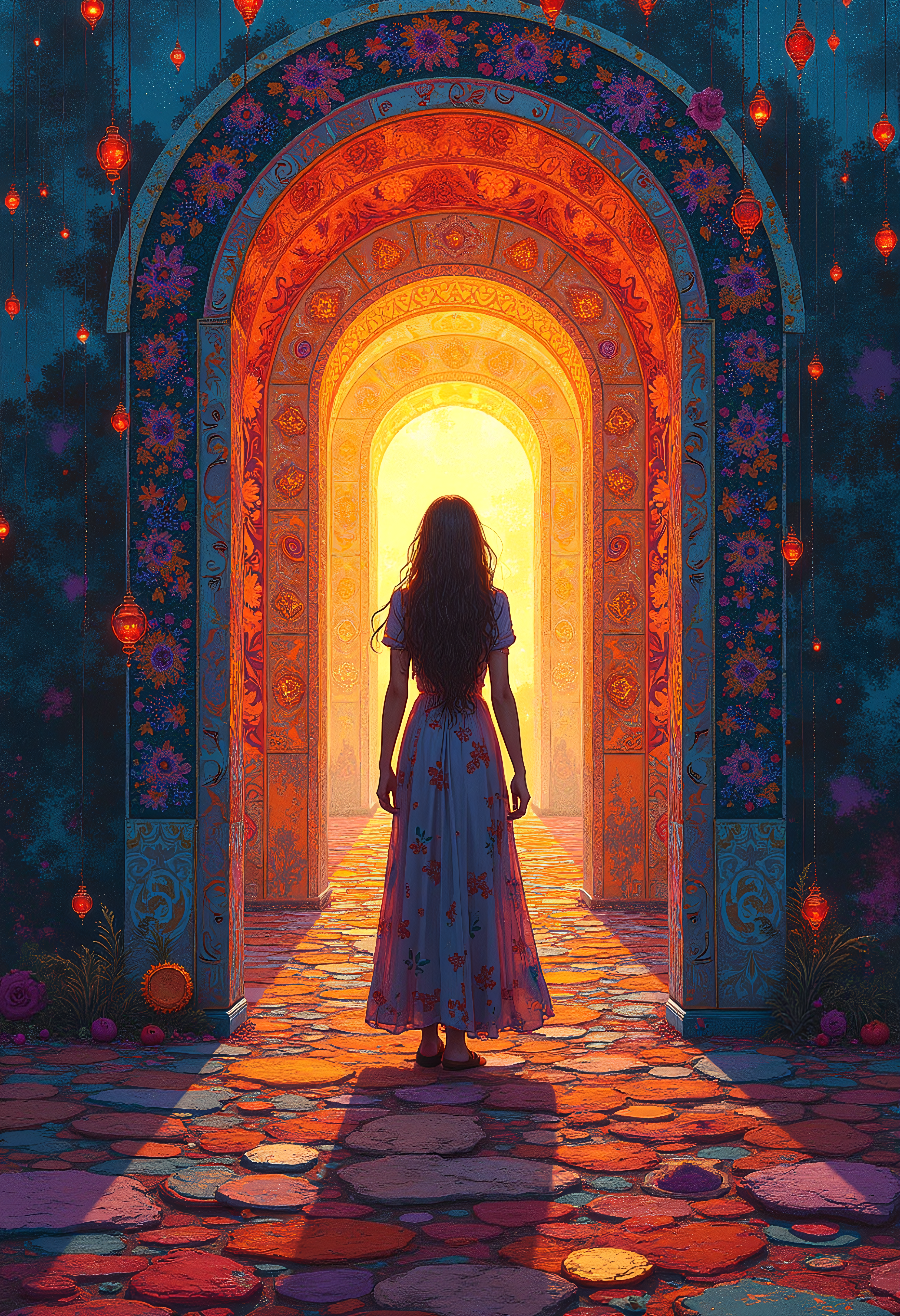 Digital Impasto Painting, A woman stands before a huge portal with mandla patterns, vibrant colors, extreme details, 4k, 8k